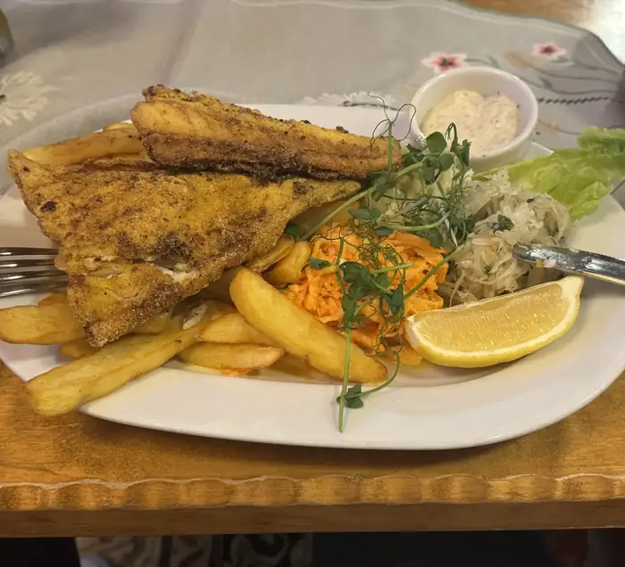 Smażona ryba z frytkami i surówką